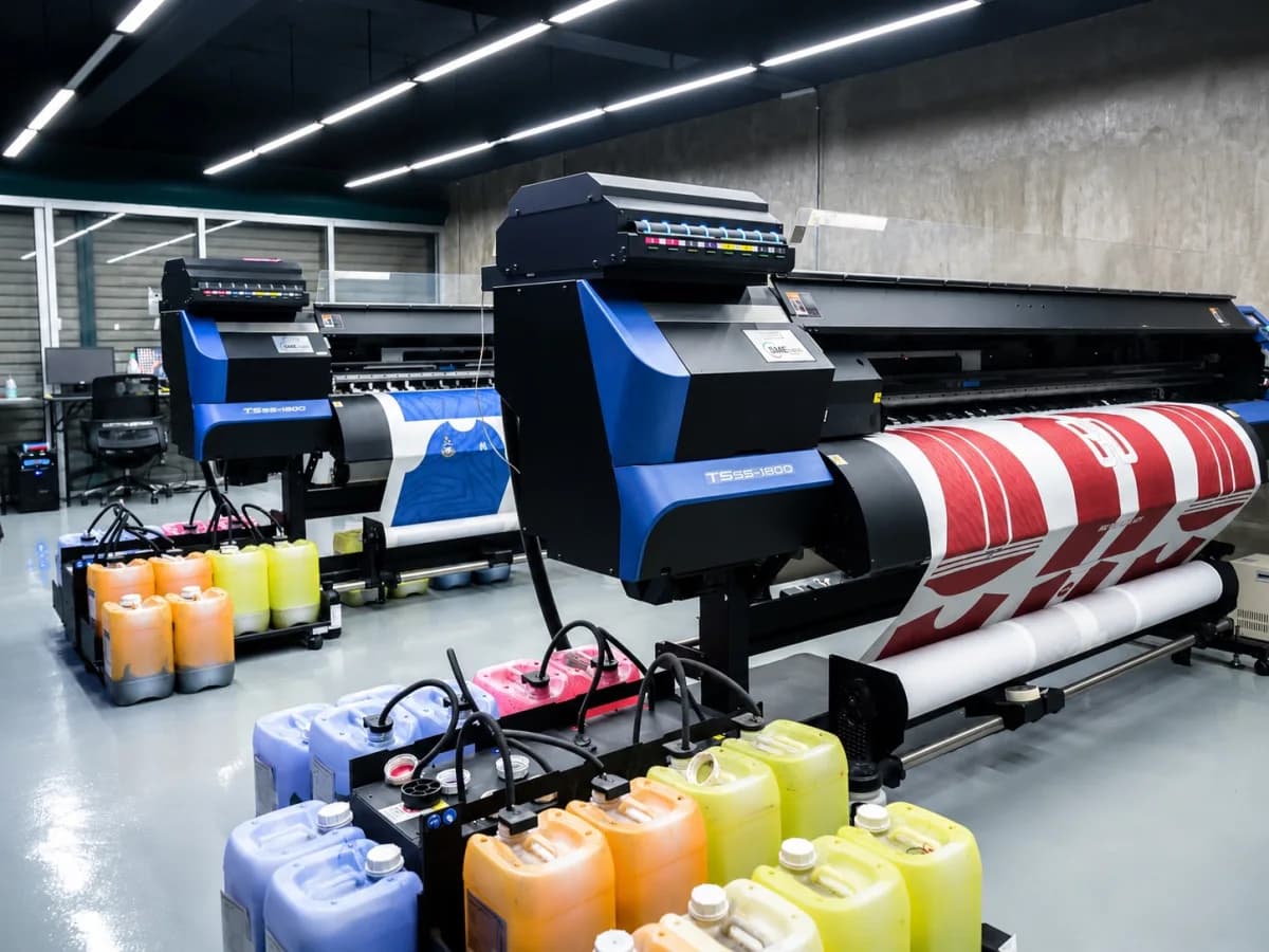 Large-format printers producing custom jersey panels in an ASK Creative provider-published image