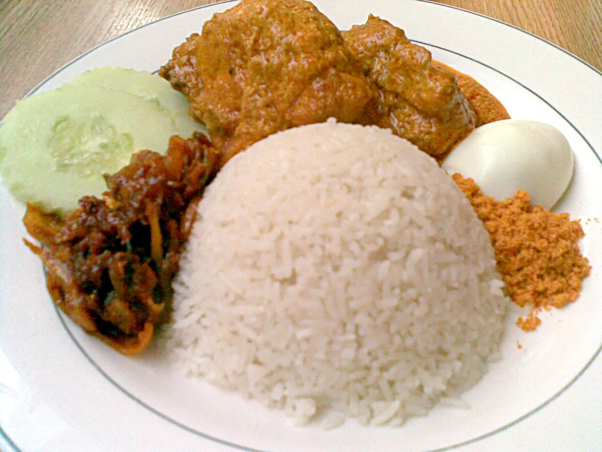 Nasi lemak with coconut rice, curry chicken, sambal, egg and cucumber